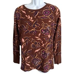 Belle Boho Kim Gravel Women Pullover L Brown Waffle Retro Floral Bohemian Artsy